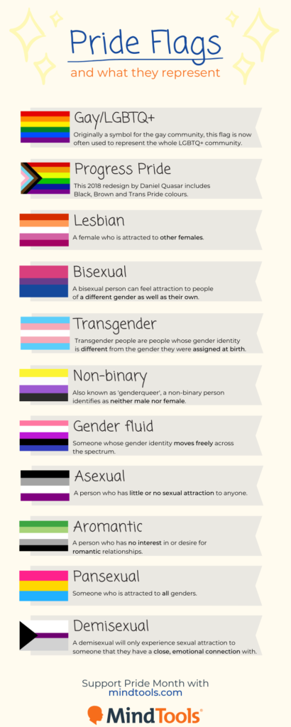 An infographic showing various Pride flags and what groups they represent.